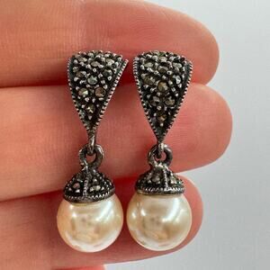 Judith Jack Silver Marcasite Faux Pearl Drop Earrings Classic Timeless Elegant
